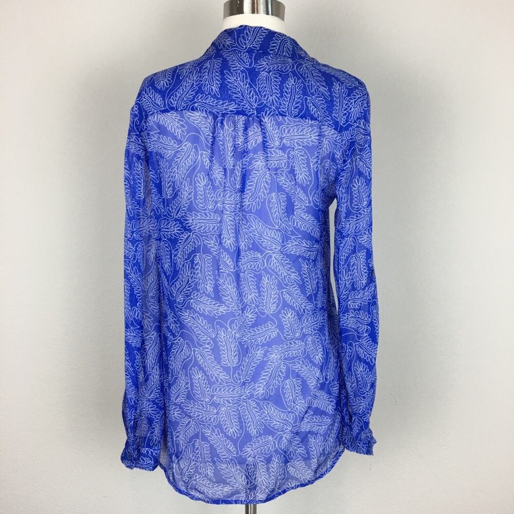 Diane Von Furstenberg Blue Leaf Print Silk Sheer Top 2 - Picture 5 of 10